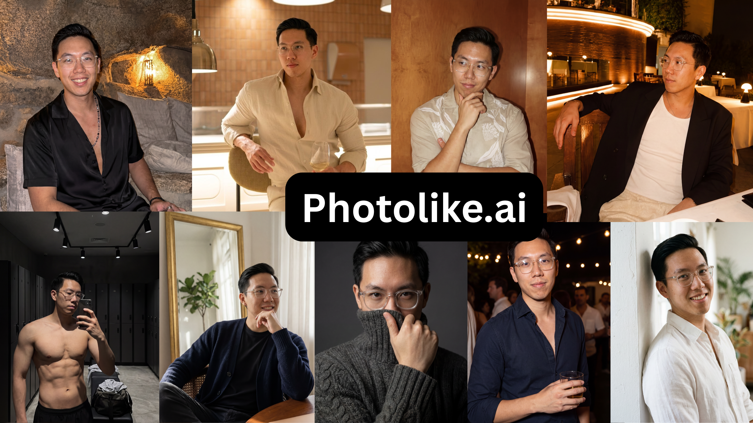 A collage of nine photos showing an Asian man in various settings and attire.