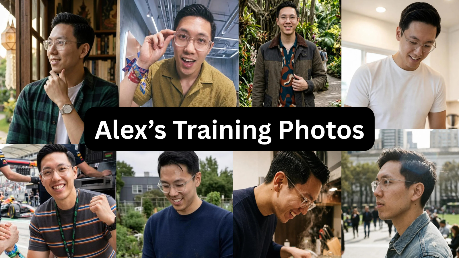 Eight images of a man in various settings and activities forming a collage.