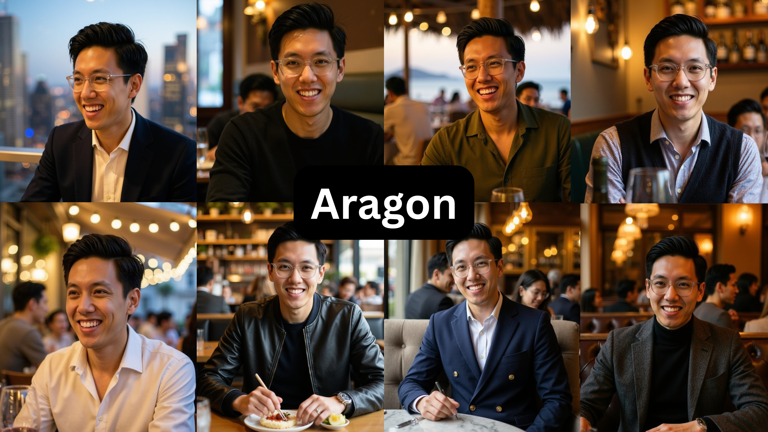 Eight portraits of a smiling Asian man in diverse settings and outfits.