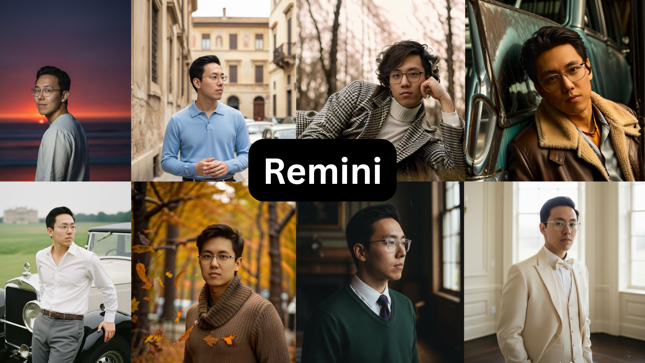 A collage of eight different AI-generated portraits of the same young Asian man.
