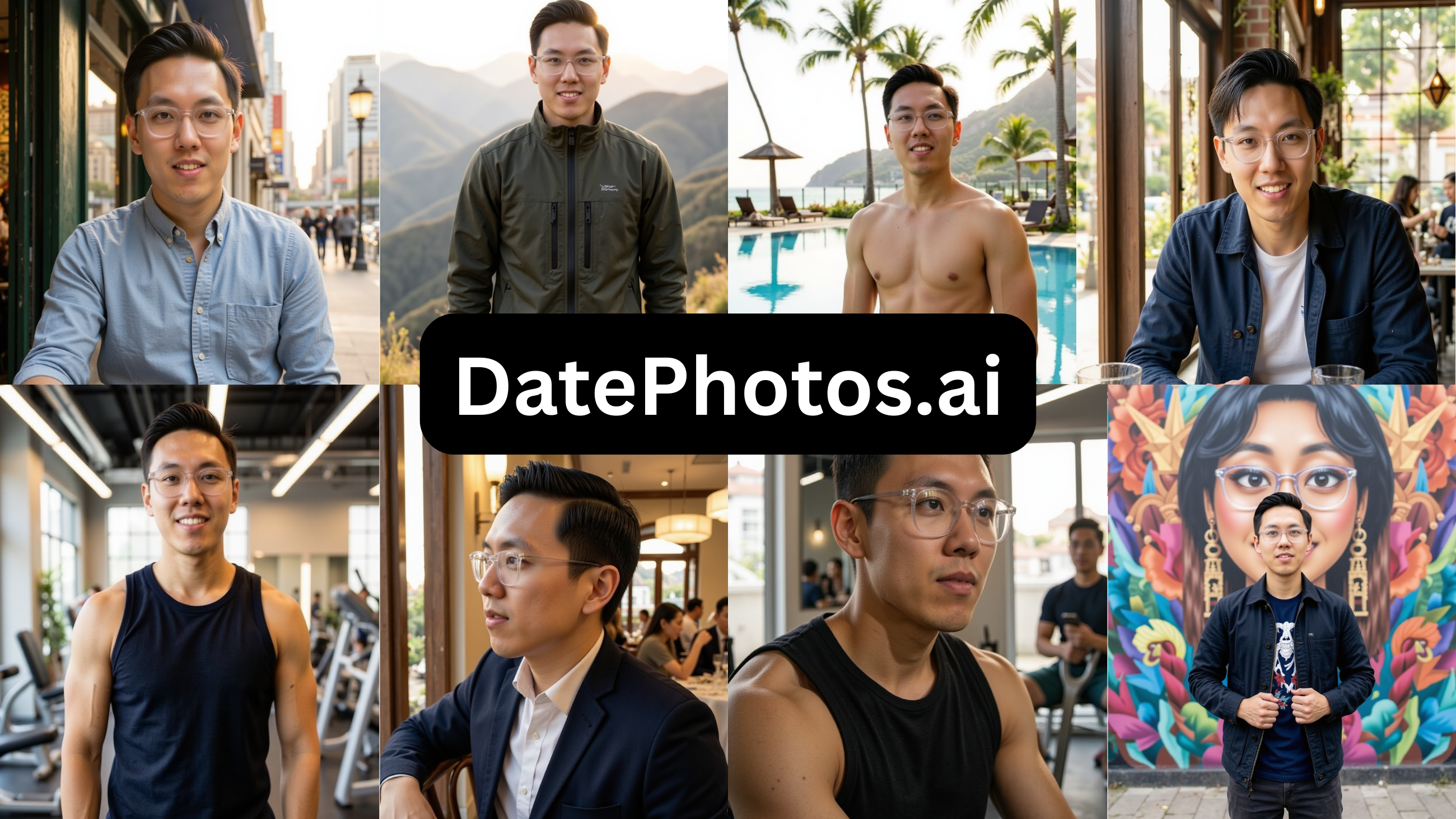 Collage of a man in various settings and an AI-generated portrait of a woman.