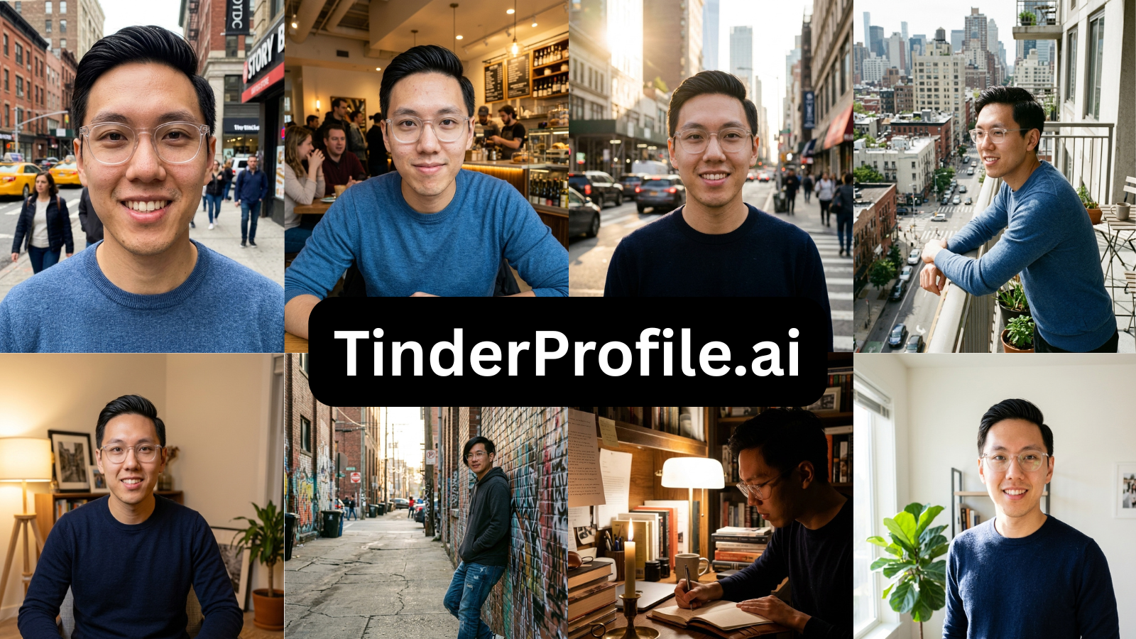 Collage of a man in various settings with "TinderProfile.ai" in the center.