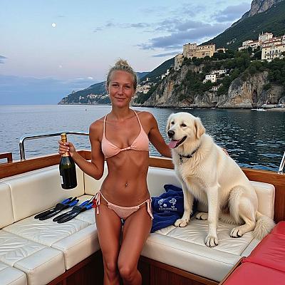 blong woman on a boat with a dog