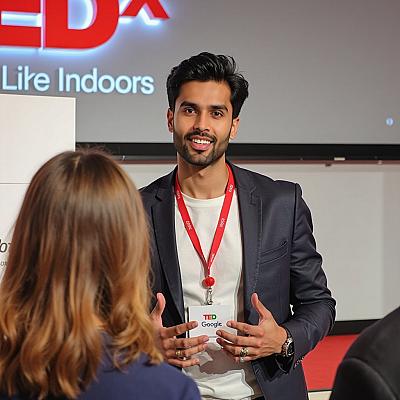 A man in a navy blue suit and red lanyard speaks at a TEDx networking event